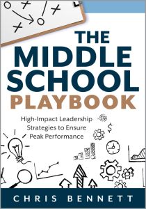 The Middle School Playbook: High-Impact Leadership Strategies to Ensure Peak Performance by Chris Bennett; drawings of light bulbs, gears, charts, and a clipboard.