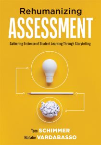 Rehumanizing Assessment: Gathering Evidence of Student Learning Through Storytelling by Tom Schimmer and Natalie Vardabasso; a lightbulb inside a circle, under a white pencil line and a white paper ball inside a circle.