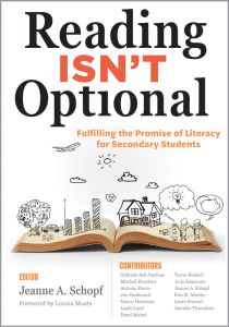 Reading Isn’t Optional: Fulfilling the Promise of Literacy for Secondary Students by Jeanne A. Schopf (Editor); an open book with sketches of a house inside a cityscape, trees, a bar graph, clouds, and two stick figure people.