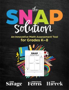 The SNAP Solution: An Innovative Math Assessment Tool for Grades K–8
By Kirk Savage; Jonathan Ferris; Tom Hierck
Black cover with a title written in blue, pink, green, and orange. Assorted school supplies are arranged behind a SNAP Number Sense chart.