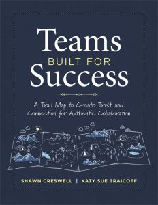 Teams Built for Success: A Trail Map to Create Trust and Connection for Authentic Collaboration by Shawn Creswell and Katy Sue Traicoff; a drawn map with mountains, lakes, and tents.