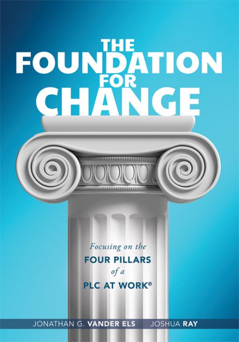 A book cover featuring a light blue background with a large white pillar centered on the page. The title, The Foundation for Change, is written in white and placed atop the pillar, standing out boldly against the background.