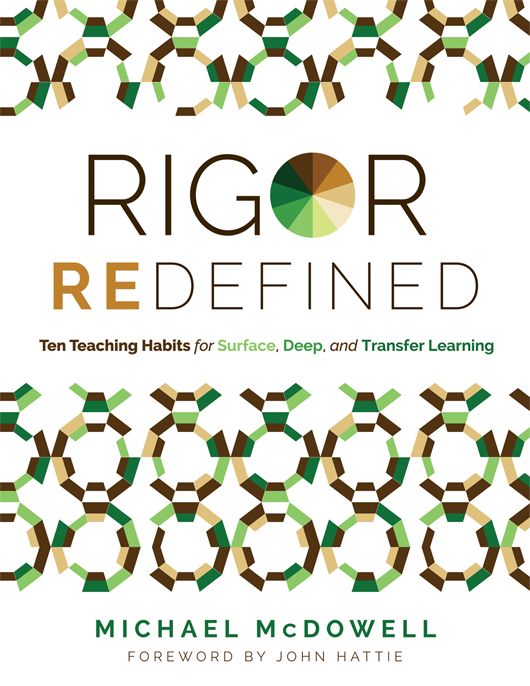 Rigor Redefined: Ten Teaching Habits for Surface, Deep, and Transfer Learning by Michael McDowell. Two rows of seven dark green, brown, and tan circles sit on the top of cover and the bottom. 